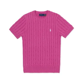 【RALPH LAUREN】RL POLO 圓領經典刺繡小馬麻花針織毛衣-女-桃紅色 上衣(短袖款/平輸品/)