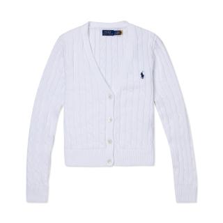【RALPH LAUREN】RL POLO 經典V領刺繡小馬麻花開襟外套-女-白色 上衣(平輸品)