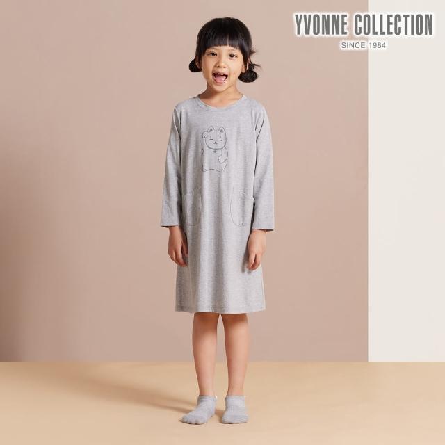 【YVONNE 以旺傢飾】雙11 招財貓網印長袖洋裝-迷霧灰