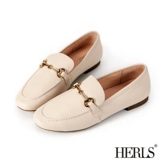 【HERLS】樂福鞋-全真皮馬銜釦平底樂福鞋(米色)