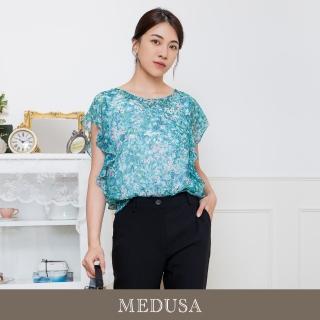 【MEDUSA 曼度莎】現貨-藍綠碎花假兩件式雪紡上衣（M-2L）｜女休閒上衣 印花雪紡(301-59301)