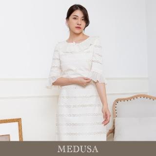 【MEDUSA 曼度莎】現貨-燒花蕾絲壓褶領米白小禮服（M-XL）｜禮服洋裝 媽媽禮服(301-75206)
