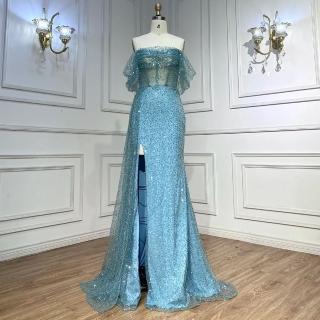【女神婚紗禮服】輕奢鎏金開衩紗罩立體裹臂修身小魚尾晚禮服LA71945鮮豔藍(派對婚宴晚會 拉鍊款晚禮服)