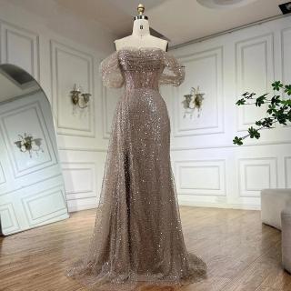 【女神婚紗禮服】輕奢鎏金開衩紗罩立體裹臂修身小魚尾晚禮服LA71945粉膚棕(派對婚宴晚會 拉鍊款晚禮服)