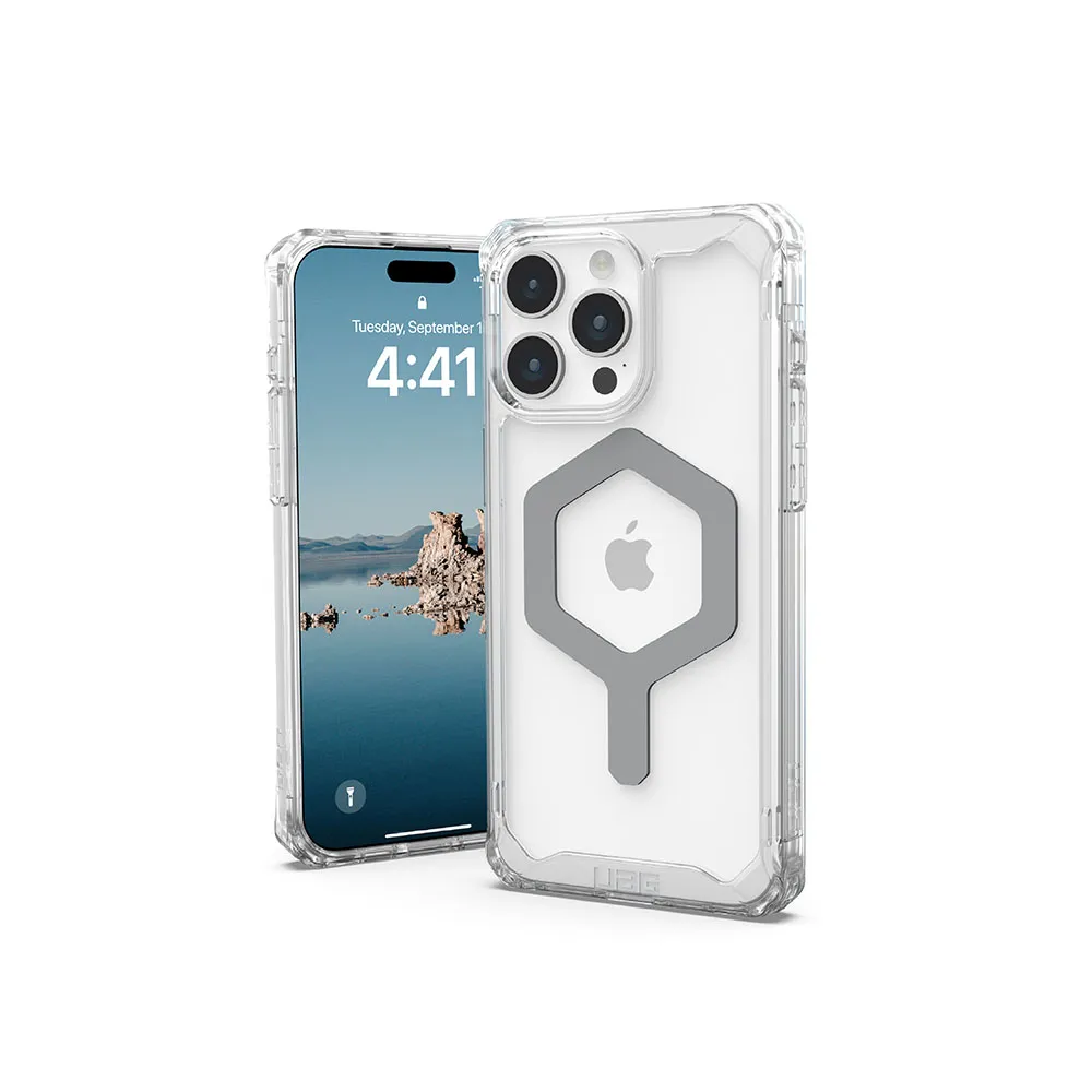 【UAG】iPhone 15 Pro Max 磁吸式耐衝擊保護殼（按鍵式）-極透明（灰圈）(支援MagSafe功能)