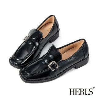 【HERLS】樂福鞋-光澤全真皮橫帶方釦粗跟樂福鞋(黑色)
