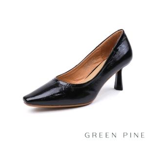 【GREEN PINE】頂級方頭壓紋牛皮梯形細跟鞋黑色(00335897)