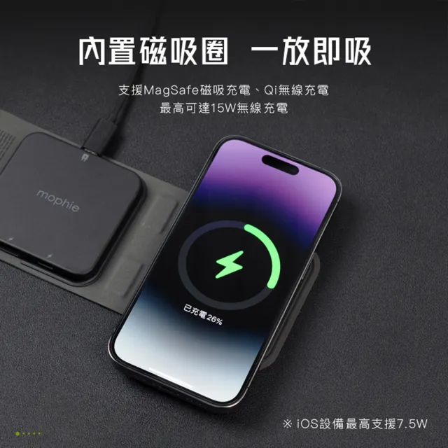 【mophie】Snap+15W 磁吸三合一旅行無線充電器附磁吸環(Apple官方唯一推薦合作品牌)