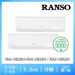 【RANSO 聯碩】3-5坪+3-5坪(一對二變頻冷暖分離式冷氣RAI-VB28H+RAI-VB28H RA2-VB52H)