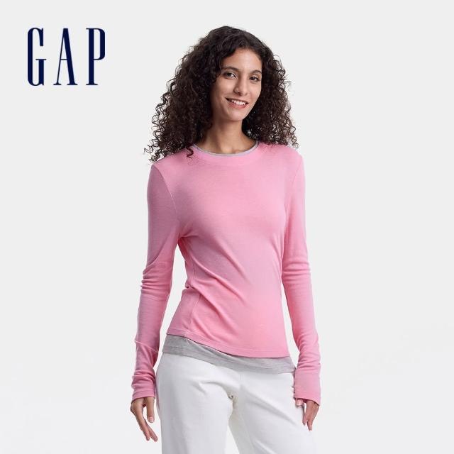 【GAP】女裝 假兩件圓領長袖T恤-粉色(637892)