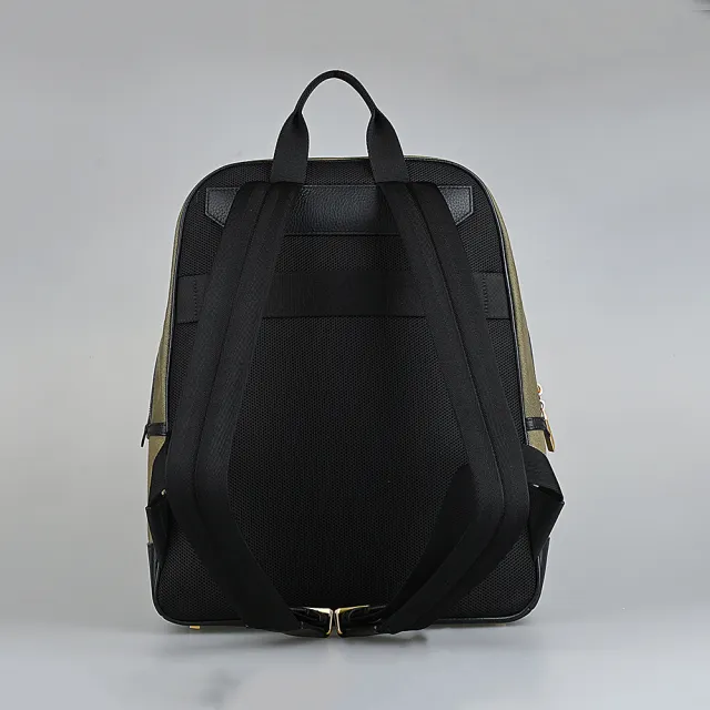【BALLY】BALLY Bar經典燙印黑字LOGO帆布拼接牛皮拉鍊後背包(卡其綠)