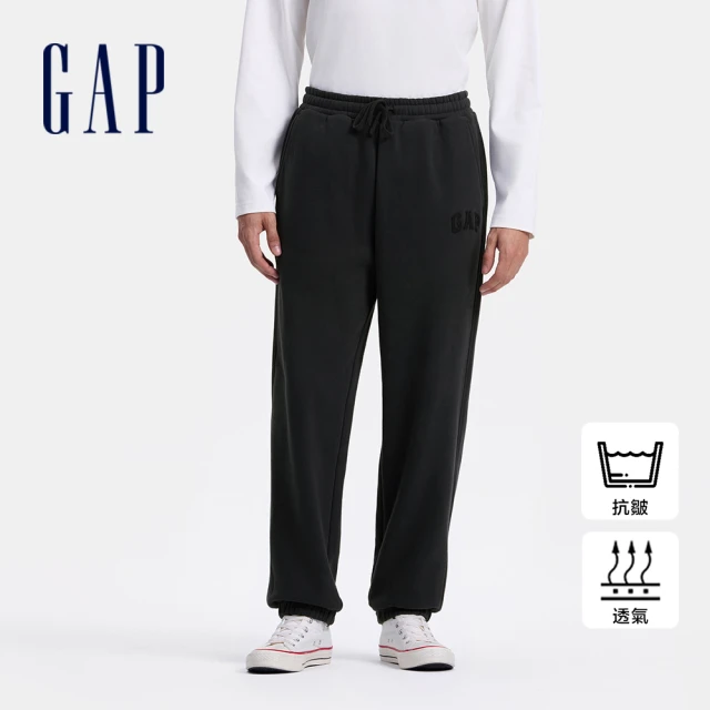 GAP 男裝 Logo刺繡刷毛束口抽繩鬆緊運動褲 碳素軟磨系列-黑色(638279)