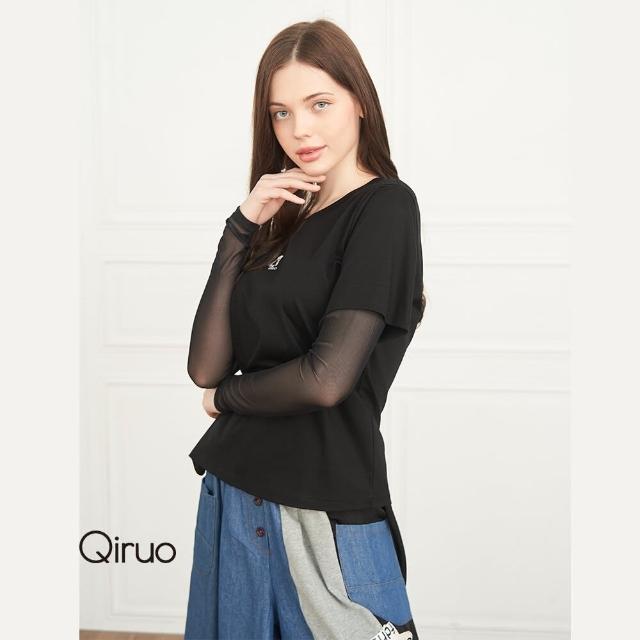 【Qiruo 奇若名品】專櫃黑色假兩件上衣2009A-02 網紗袖子(M-2XL)