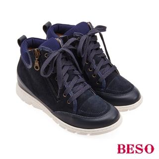 【A.S.O 阿瘦集團】BESO 輕量柔軟牛皮拼接布料綁帶休閒鞋(藍)