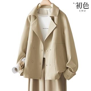 【初色】休閒純色薄款簡約寬鬆短款長袖風衣外套女外套-卡其色-37466(M-2XL可選)