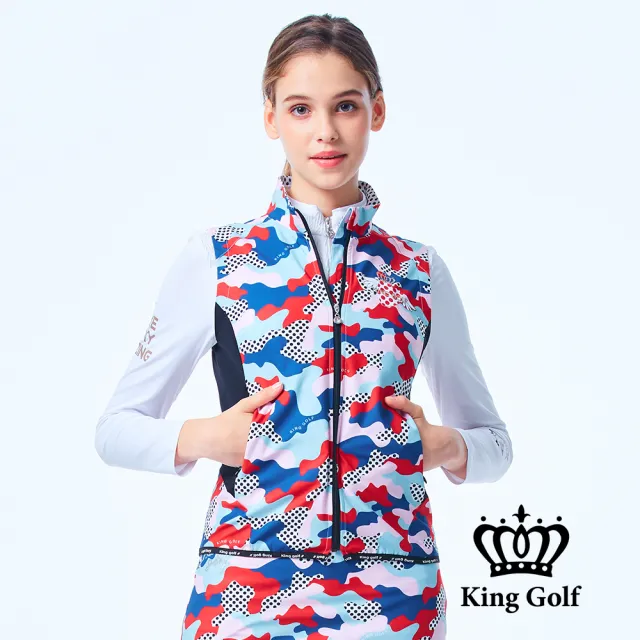 【KING GOLF】網路特談-女款點點迷彩薄款立領拉鍊背心外套(藍色)