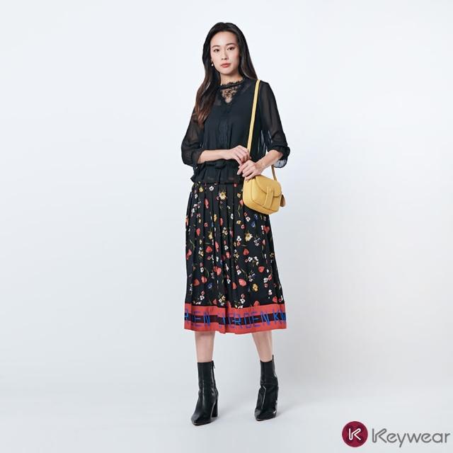 【KeyWear 奇威名品】質感印花拼接色織優雅長裙