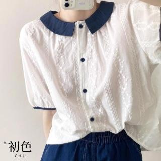 【初色】簡約撞色拼接娃娃領鏤空蕾絲短袖寬鬆襯衫T恤上衣女上衣-共2色-37414(M-2XL可選)