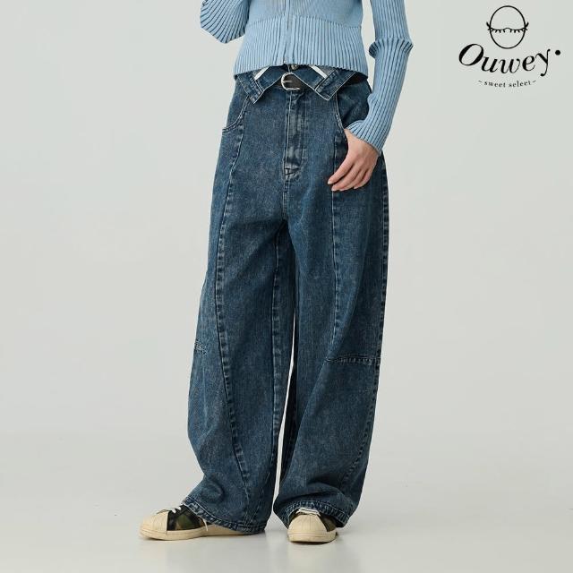 【OUWEY 歐薇】反摺腰頭小燈籠洗色牛仔褲(藍；S-L；3243328650)
