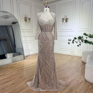 【女神婚紗禮服】奢華時尚滿版透紗長袖珍珠坎肩小魚尾晚禮服LA72361裸膚色(晚會表演主持人 拉鍊款晚禮服)
