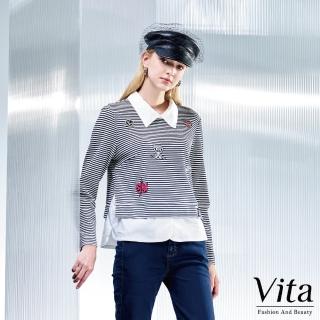 【MYSHEROS 蜜雪兒】VITA 棉質造型上衣 針織條紋假兩件 卡通刺繡徽章裝飾(白)