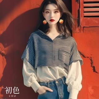 【初色】假兩件拼接條紋寬鬆落肩袖連帽衛衣長袖帽T上衣女上衣-黑白條紋-37373(M-XL可選)