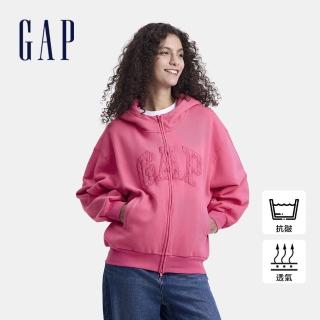 【GAP】女裝 Logo刺繡刷毛連帽外套 碳素軟磨法式圈織系列-粉色(641221)