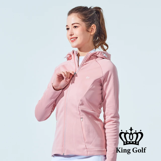 KING GOLF 網路獨家-女款修身素色百搭刷毛運動連帽外套(粉色)