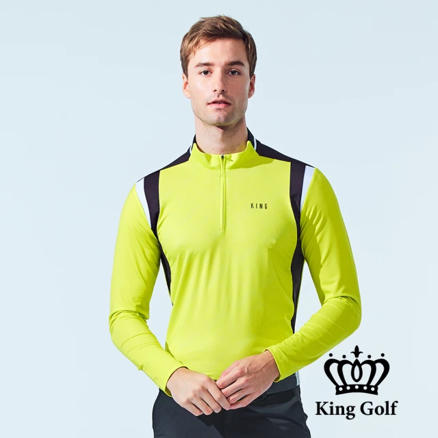 KING GOLF 網路獨家-男款雙色剪接暗格壓紋立領拉鍊長袖上衣POLO衫/高爾夫球衫(黃色)