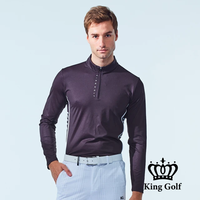 KING GOLF 網路獨家-男款LOGO英文拼接立領拉鍊長袖上衣POLO衫/高爾夫球衫(黑色)