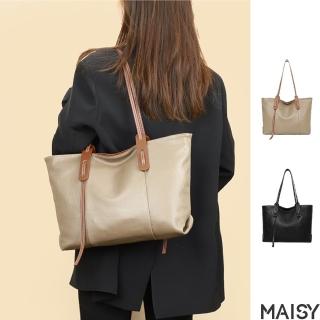 【MAISY】簡約流行款頭層牛皮實用通勤托特包( 黑色／卡其色)