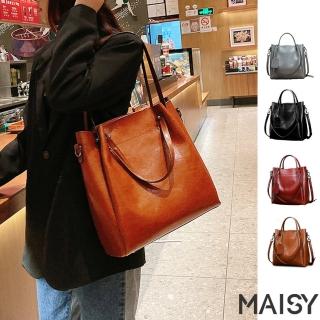 【MAISY】復古氣質油蠟真皮大包 側背包 斜背包(現+預 黑色 / 棕色 / 酒紅色 / 灰色)