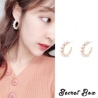 【SECRET BOX】韓國設計微鑲水鑽珍珠華麗C圈夾式耳環(無耳洞耳環 耳夾 夾式耳環)