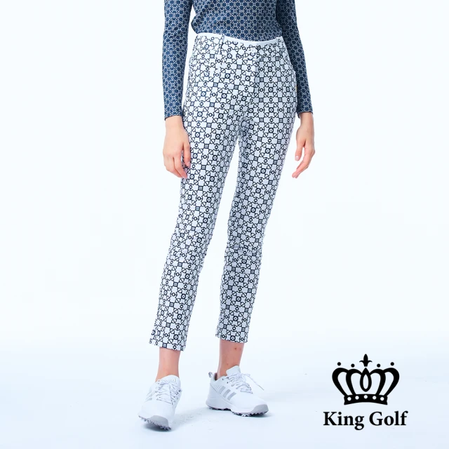 KING GOLF 網路獨家-女款滿版窗花幾何鍊條印圖KG立體刺繡彈性休閒高爾夫球長褲(藍色)