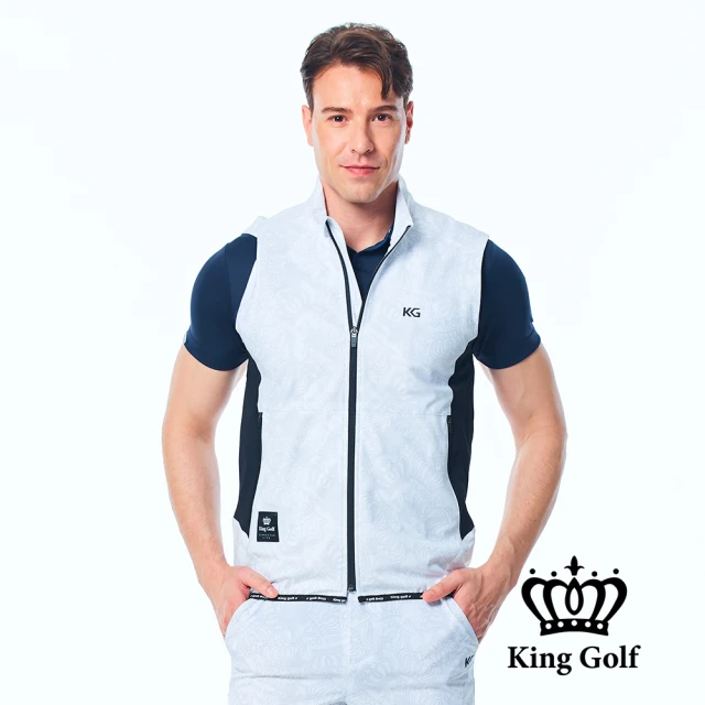 KING GOLF 網路特談-男款薄款滿版皇冠數位印花立領拉鍊高爾夫球外套背心(白色)