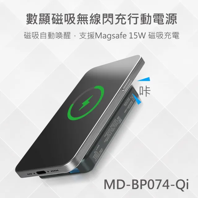【MINIQ】MD-BP074-Qi 磁吸式無線閃充行動電源 10000mAh(雙向20W快充｜支援QC3.0/PD｜電量數顯)