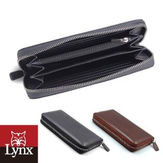 【Lynx】美國山貓極簡風進口牛皮單拉鍊長夾(藍色/咖啡)