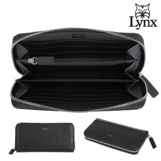 【Lynx】美國山貓義大利進口荔枝紋牛皮單拉鍊長夾錢包 8卡/零錢拉鍊袋(黑色)