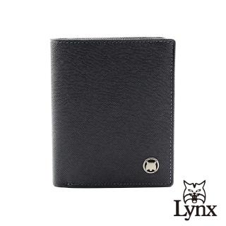 【Lynx】美國山貓十字紋進口牛皮雙折3卡直立式短夾皮夾錢包男夾(藍色)