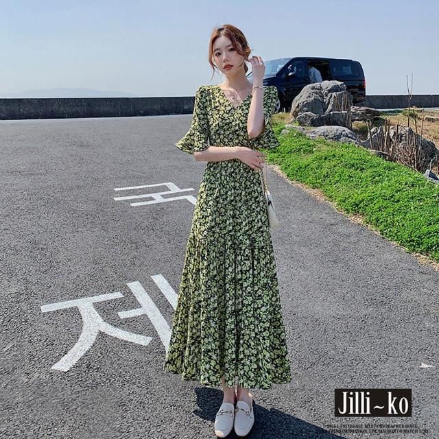 【JILLI-KO】V領碎花荷葉邊收腰桔梗連衣裙-F(綠)