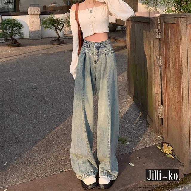 【JILLI-KO】復古高腰顯瘦垂感直筒牛仔褲-M/L/XL/2XL(藍)