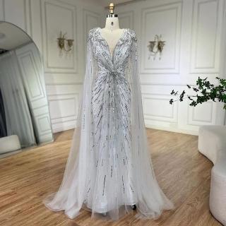 【女神婚紗禮服】極致奢華閃耀串珠披肩深V收腰無袖小魚尾晚禮服LA72168A天使白(選美宴會敬酒 拉鍊款)