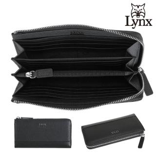 【Lynx】美國山貓義大利進口荔枝紋牛皮L型拉鍊長夾錢包 16卡/零錢拉鍊袋(黑色)