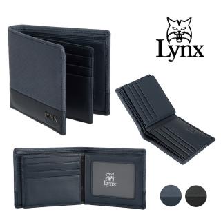 【Lynx】美國山貓進口牛皮十字紋左右活頁短夾男夾錢包(藍色/黑色)