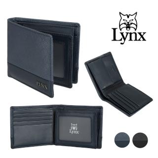 【Lynx】美國山貓進口牛皮十字紋零錢袋短夾男夾錢包(藍色/黑色)