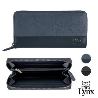 【Lynx】美國山貓進口牛皮十字紋拉鍊長夾加厚 男夾女夾錢包(藍色/黑色)