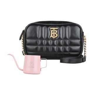 【BURBERRY 巴寶莉】BURBERRY LOLA金屬立體字母LOGO縫線設計小羊皮拉鍊斜揹包(迷你/黑/粉色咖啡壺)