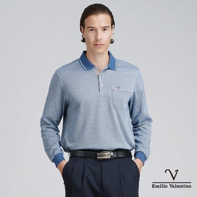 【Emilio Valentino 范倫鐵諾】男 長袖POLO衫 保暖 刷磨毛 胸袋 POLO衫 上衣 藍/白(21-4V8895)