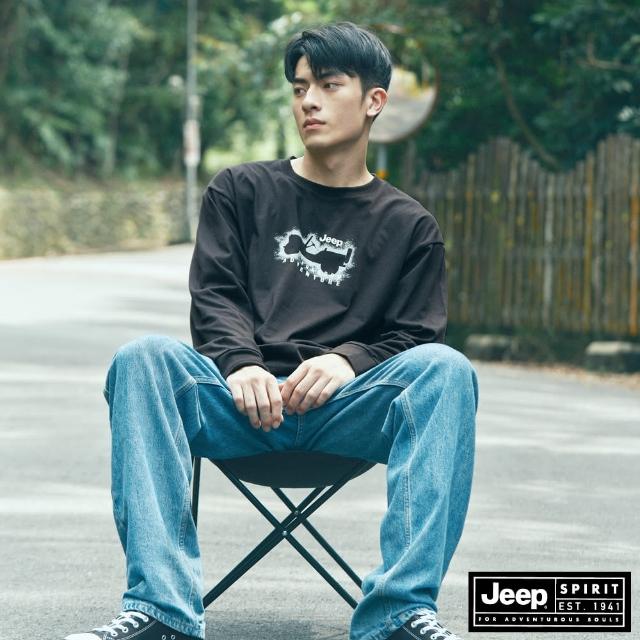 【JEEP】男裝 吉普車圖騰印花長袖T恤(黑色)