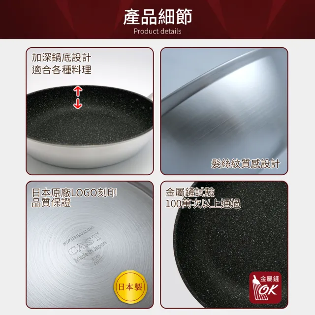 【hokua 北陸鍋具】日本製大金流光系列不沾平底鍋26cm含蓋(可用金屬鏟)